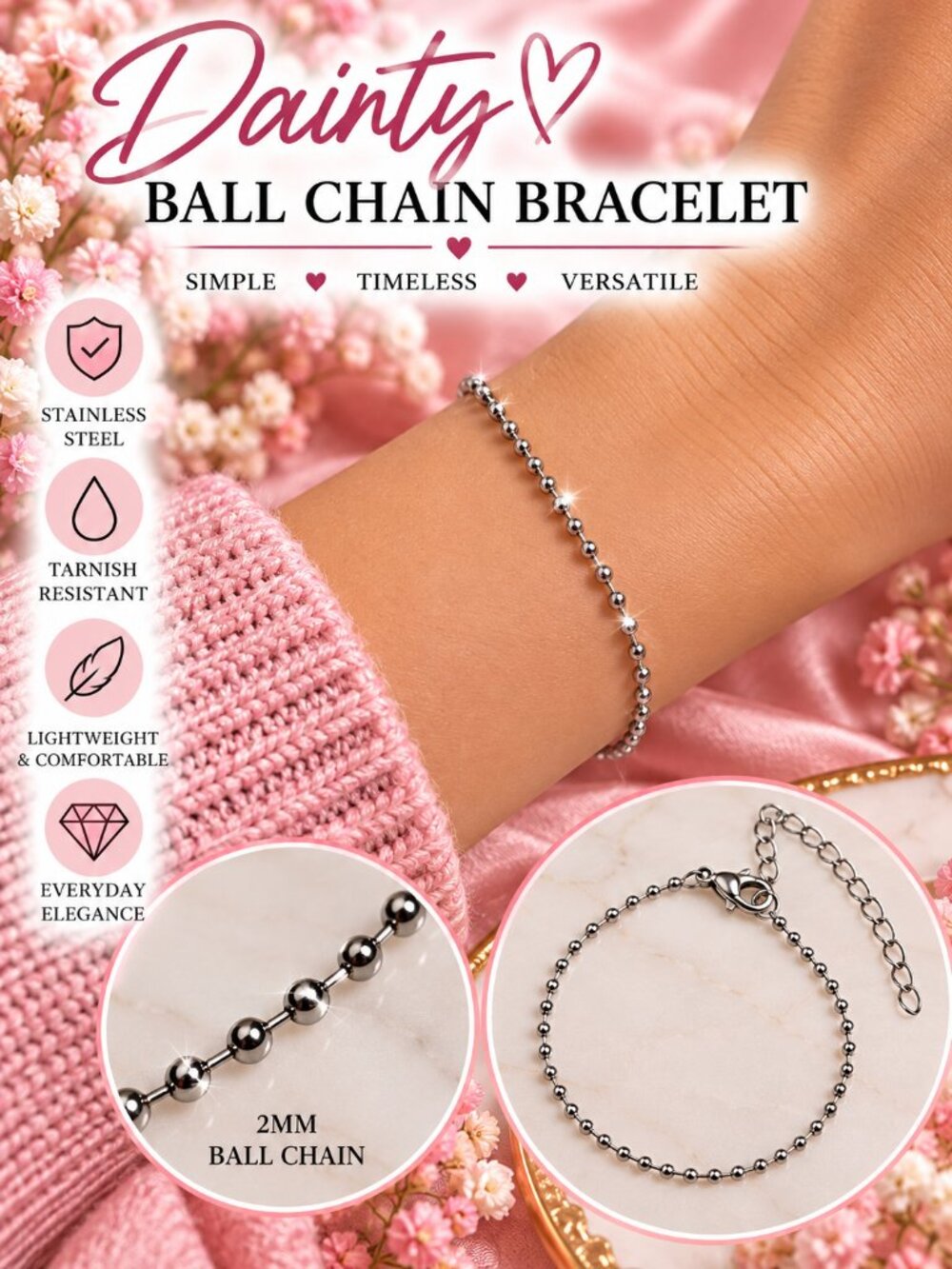 Stainless Steel Silver Ball Chain Bracelet 2mm Dainty Adjustable Beaded Jewelry